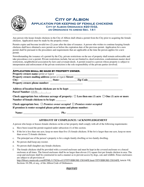 Application for Keeping of Female Chickens - City of Albion, Michigan Download Pdf