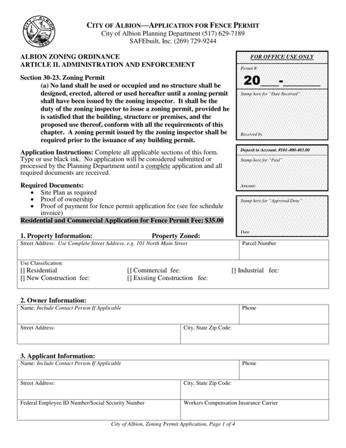 Application for Fence Permit - City of Albion, Michigan Download Pdf