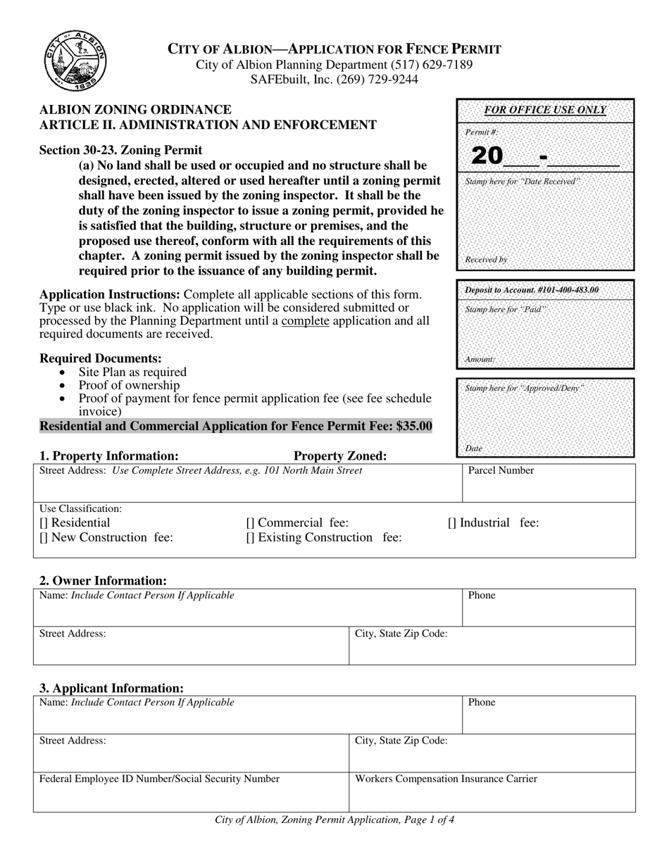 City of Albion, Michigan Application for Fence Permit - Fill Out, Sign ...