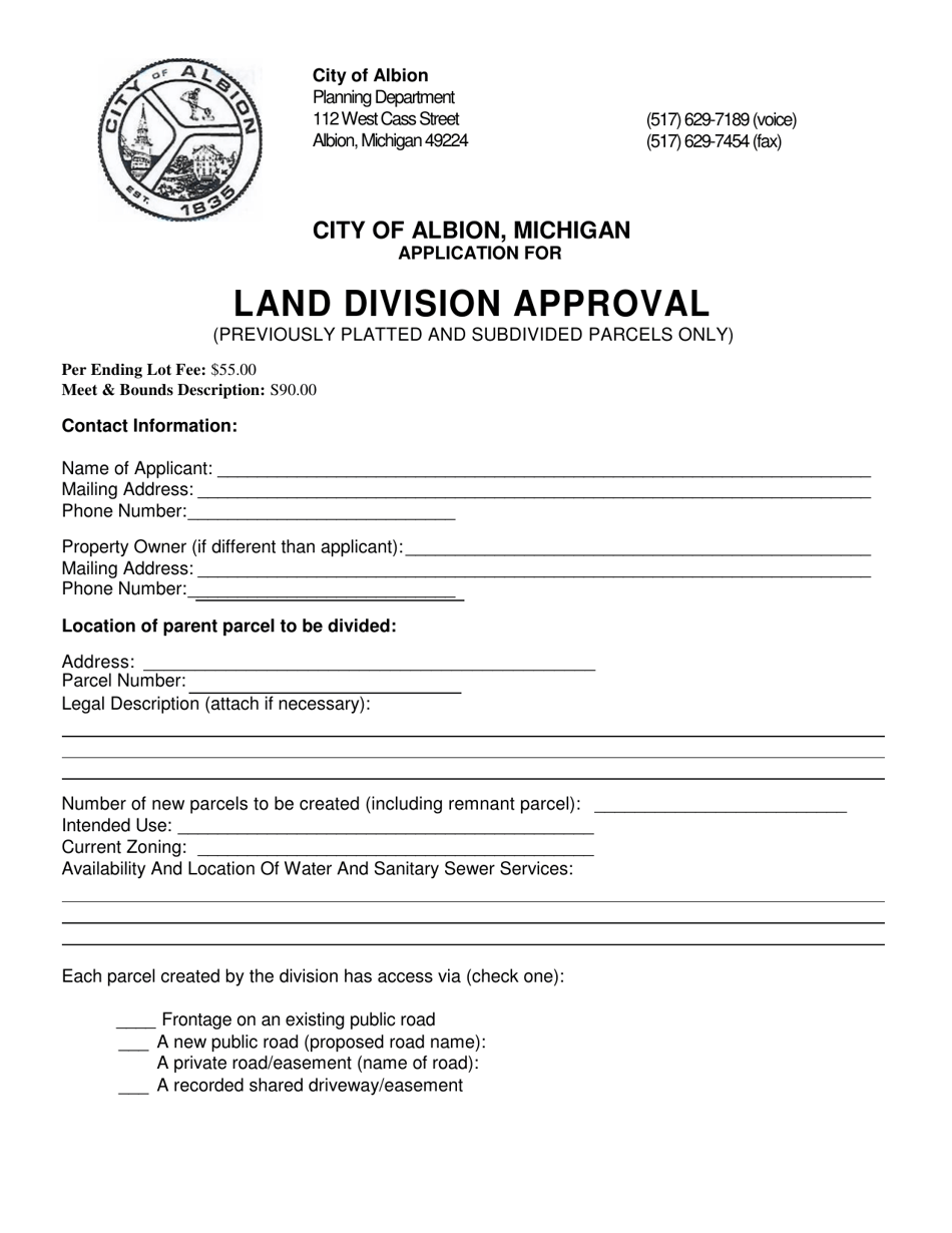 Application for Land Division Approval - City of Albion, Michigan, Page 1