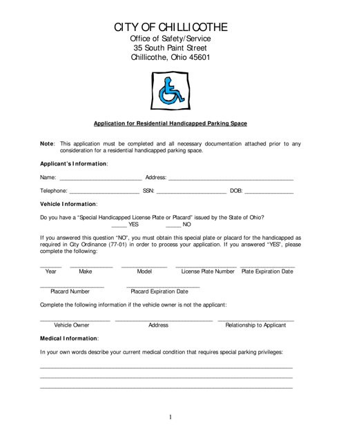 Application for Residential Handicapped Parking Space - City of Chillicothe, Ohio