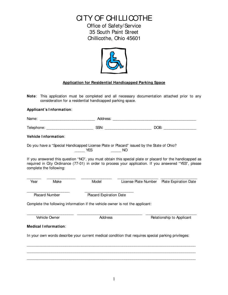 Application for Residential Handicapped Parking Space - City of Chillicothe, Ohio, Page 1