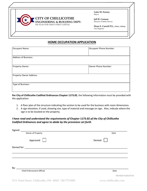 Home Occupation Application - City of Chillicothe, Ohio Download Pdf