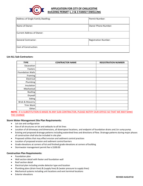 Application for Building Permit 1, 2 & 3 Family Dwelling - City of Chillicothe, Ohio Download Pdf