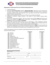 Document preview: Application for Contractor Registration - City of Chillicothe, Ohio