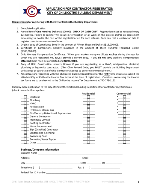 Application for Contractor Registration - City of Chillicothe, Ohio Download Pdf