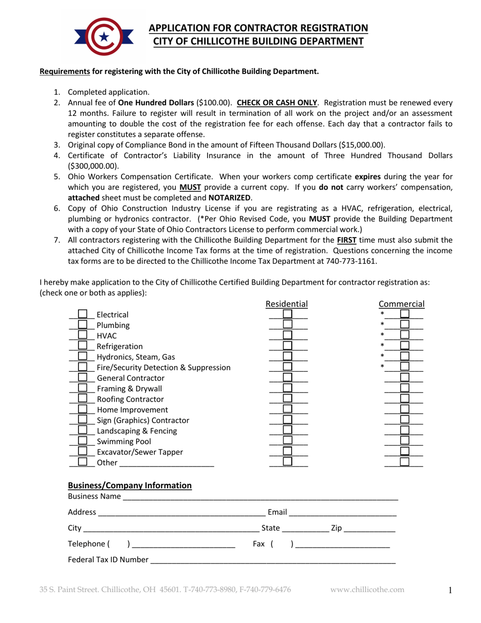 Application for Contractor Registration - City of Chillicothe, Ohio, Page 1