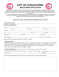 Document preview: Employment Application - City of Chillicothe, Ohio