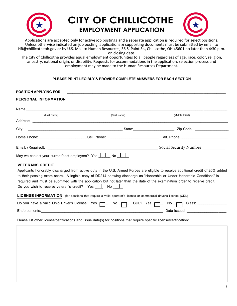 Employment Application - City of Chillicothe, Ohio, Page 1
