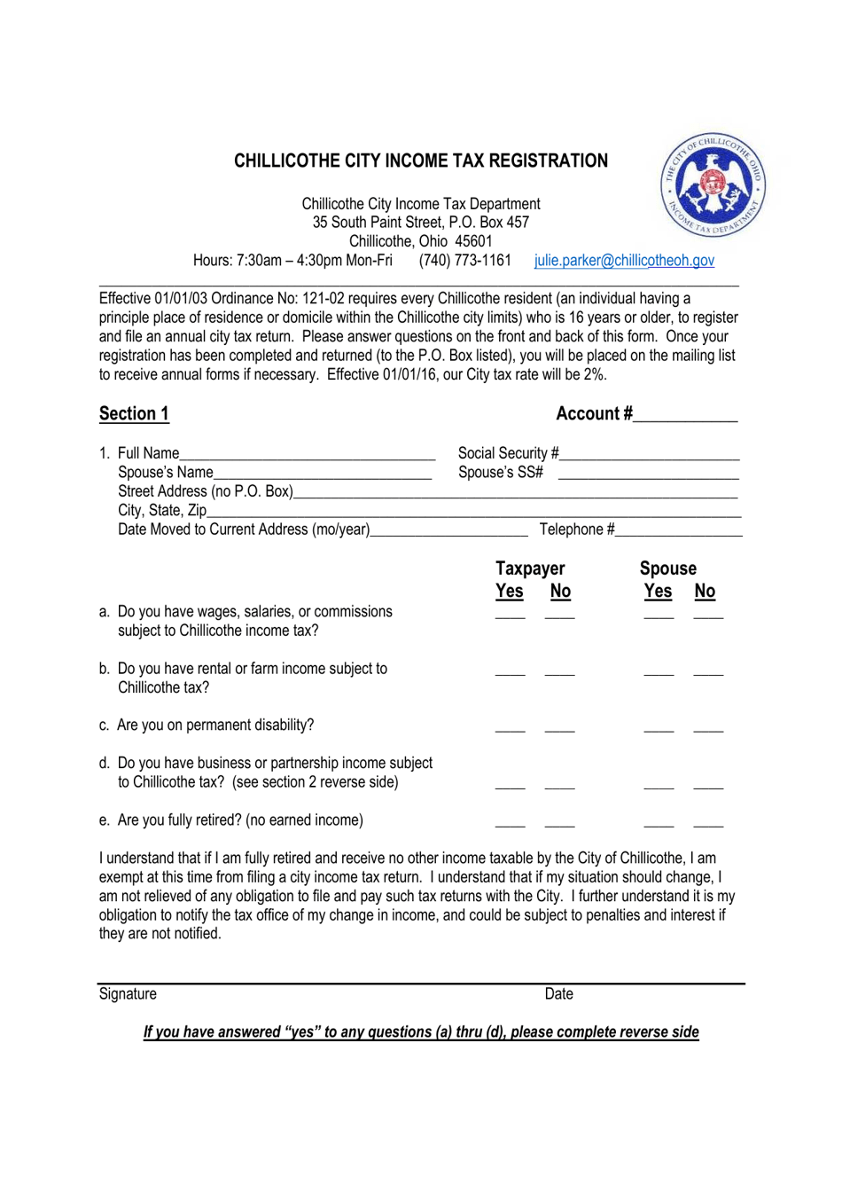 Income Tax Registration - City of Chillicothe, Ohio, Page 1