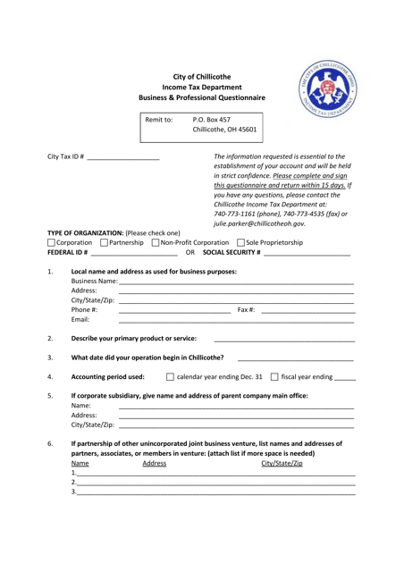 Business & Professional Questionnaire - City of Chillicothe, Ohio Download Pdf
