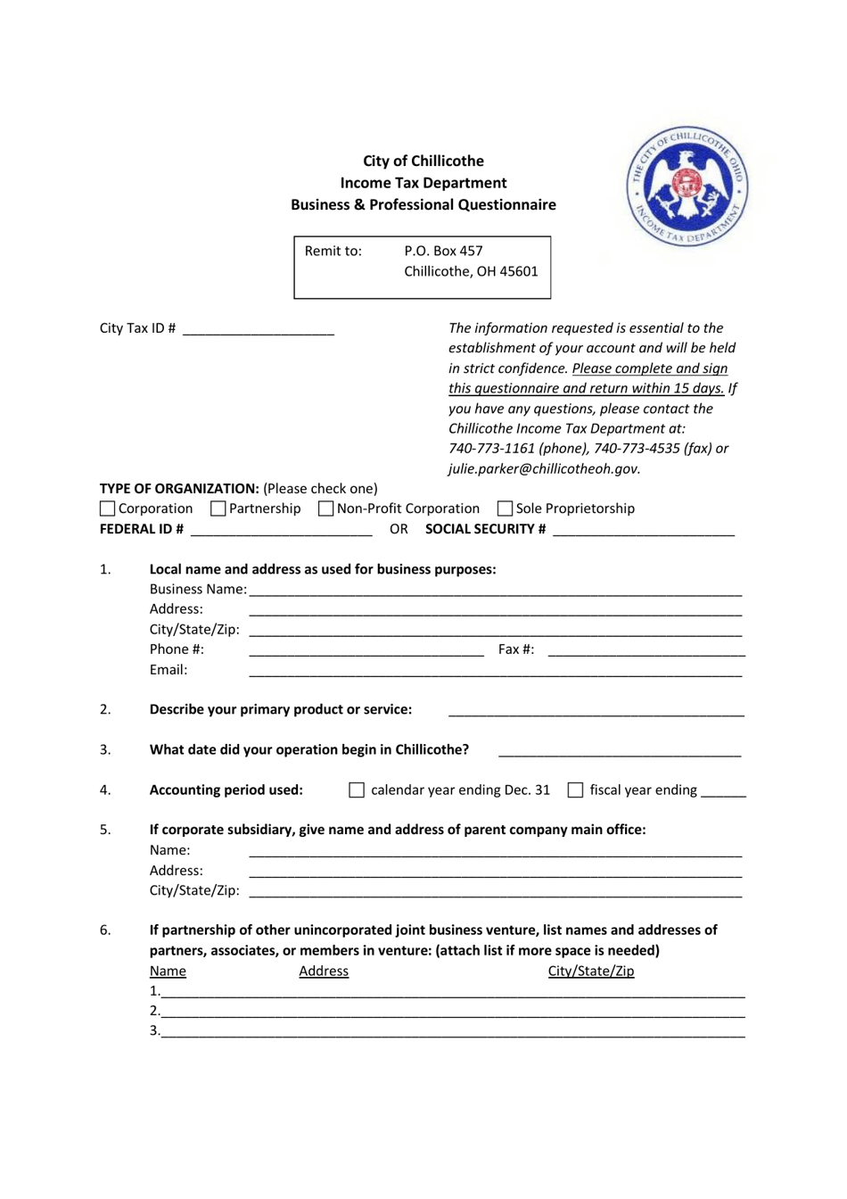 Business  Professional Questionnaire - City of Chillicothe, Ohio, Page 1