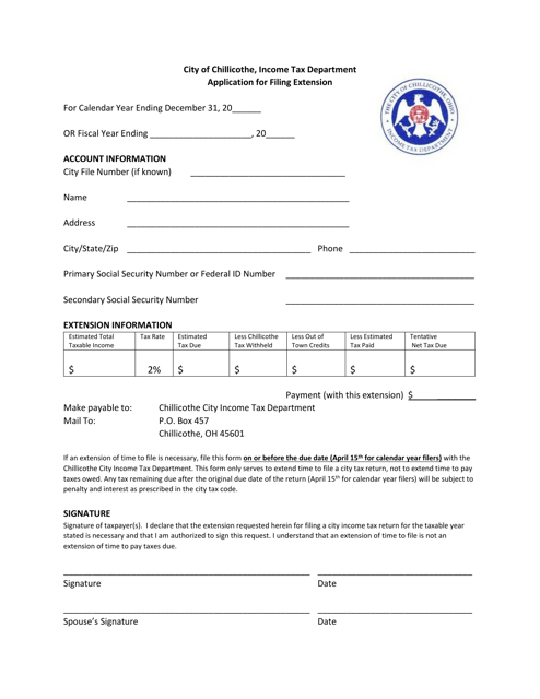 Application for Filing Extension - City of Chillicothe,, Ohio Download Pdf