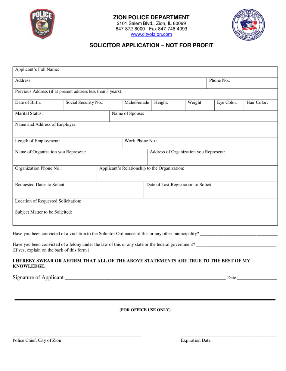 Solicitor Application - Not for Profit - City of Zion, Illinois, Page 1