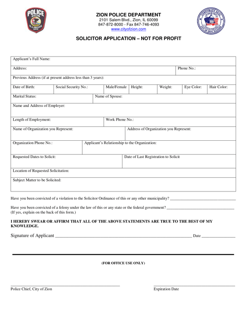 Solicitor Application - Not for Profit - City of Zion, Illinois Download Pdf