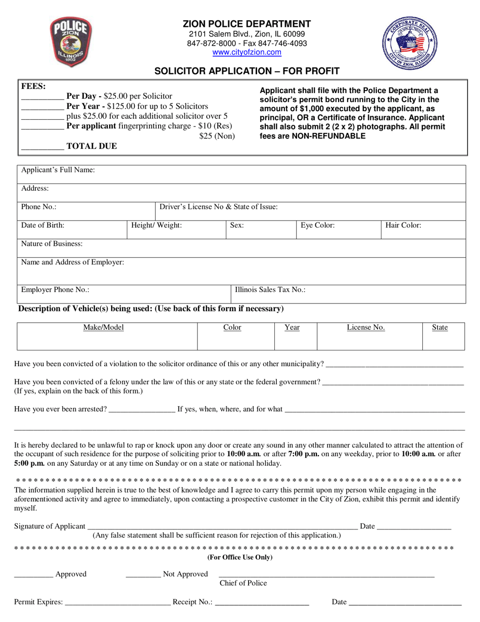 Solicitor Application - for Profit - City of Zion, Illinois, Page 1