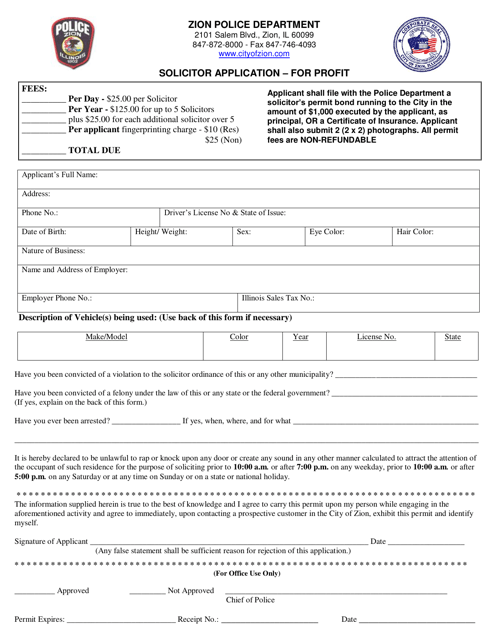 Solicitor Application - for Profit - City of Zion, Illinois Download Pdf