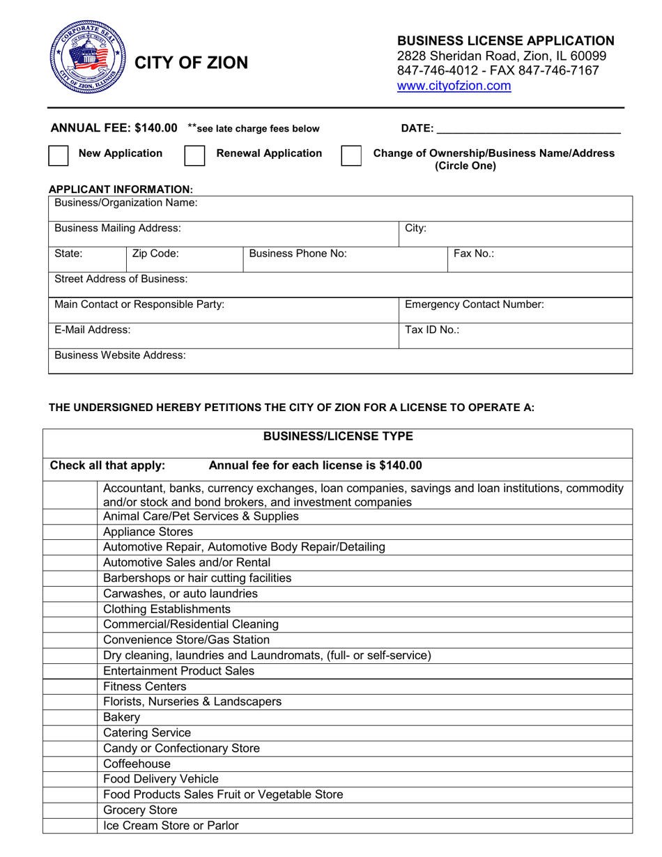 Business License Application - City of Zion, Illinois, Page 1