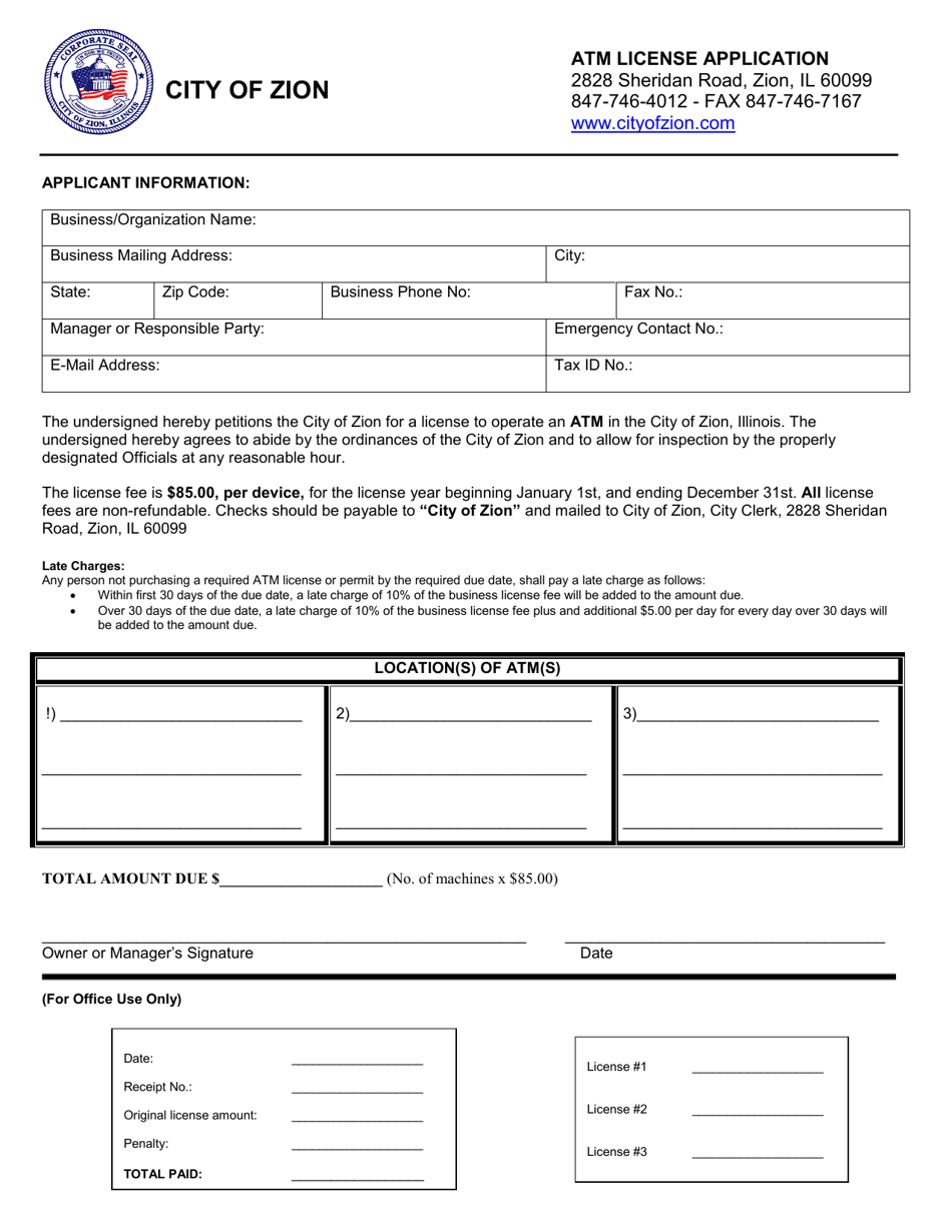 Atm License Application - City of Zion, Illinois, Page 1