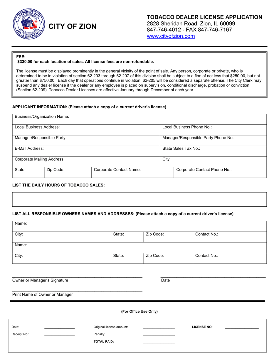 City of Zion, Illinois Tobacco Dealer License Application Fill Out