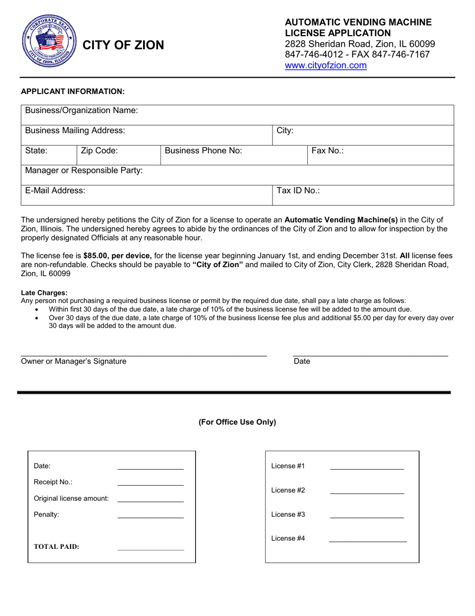 Automatic Vending Machine License Application - City of Zion, Illinois, Page 1