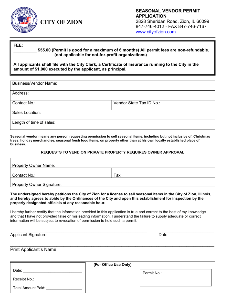 Seasonal Vendor Permit Application - City of Zion, Illinois, Page 1