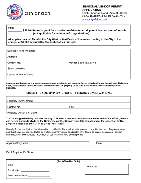 Seasonal Vendor Permit Application - City of Zion, Illinois Download Pdf