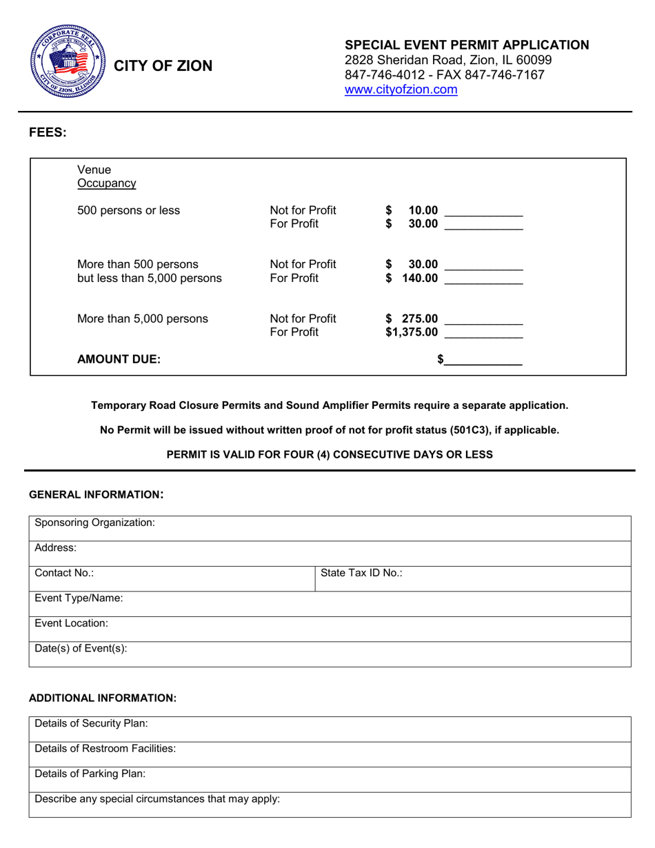 Special Event Permit Application - City of Zion, Illinois, Page 1