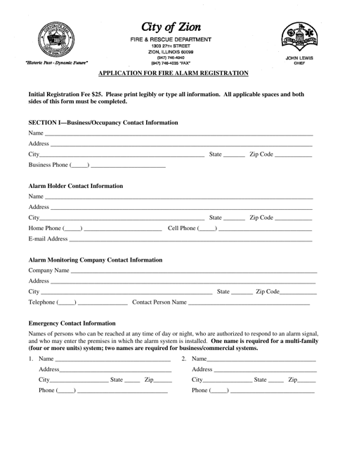 Application for Fire Alarm Registration - City of Zion, Illinois Download Pdf