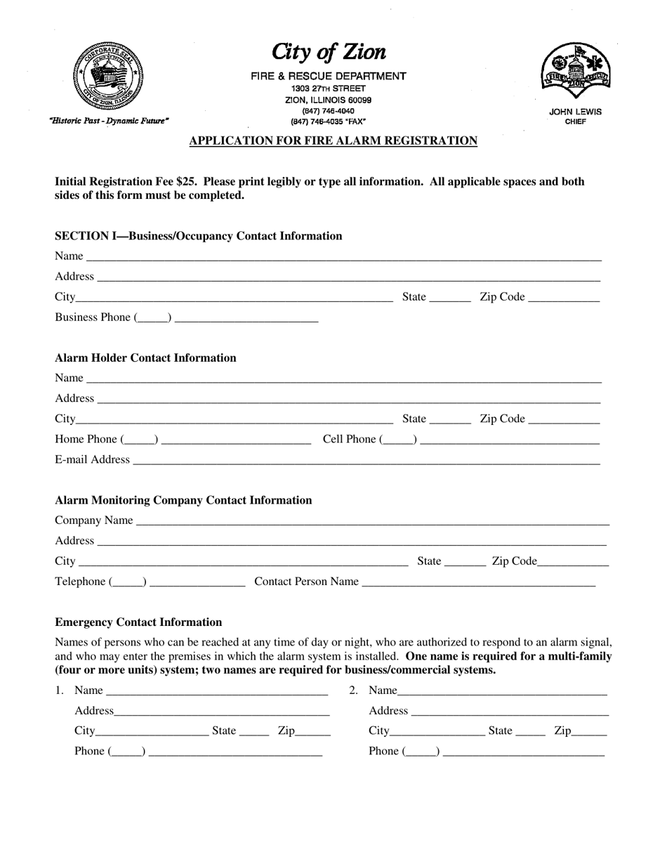 Application for Fire Alarm Registration - City of Zion, Illinois, Page 1