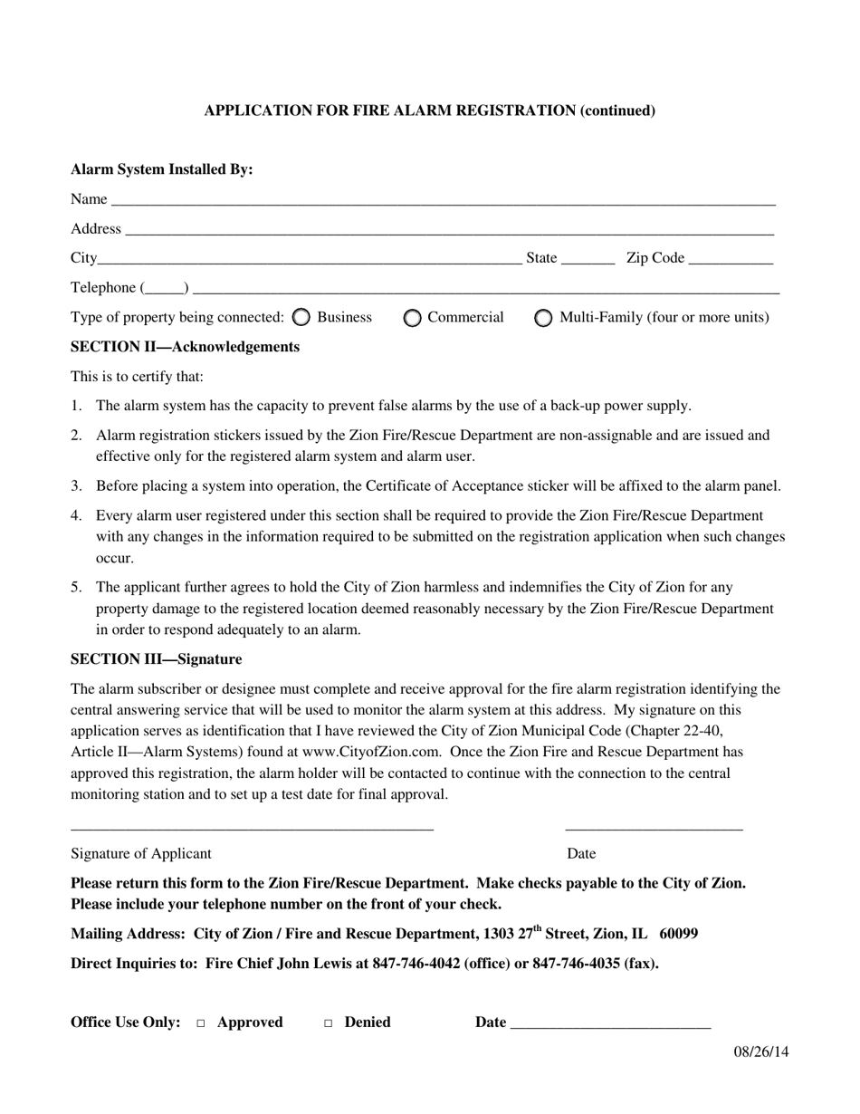 Application for Fire Alarm Registration - City of Zion, Illinois, Page 2