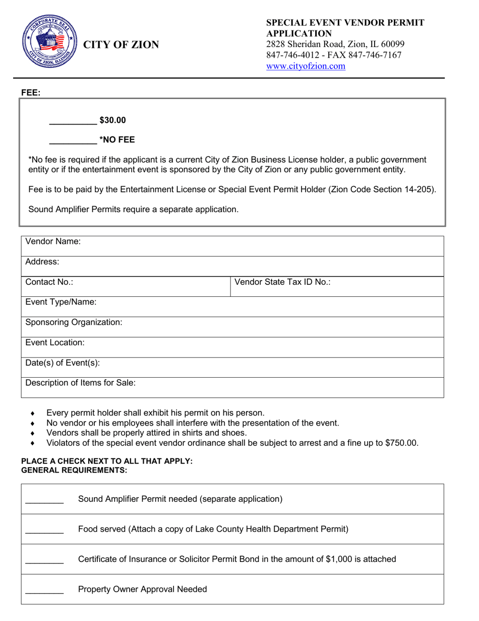 Special Event Vendor Permit Application - City of Zion, Illinois, Page 1