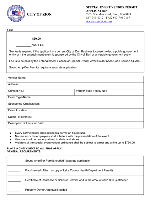 Special Event Vendor Permit Application - City of Zion, Illinois Download Pdf