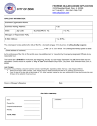 Document preview: Firearms Dealer License Application - City of Zion, Illinois