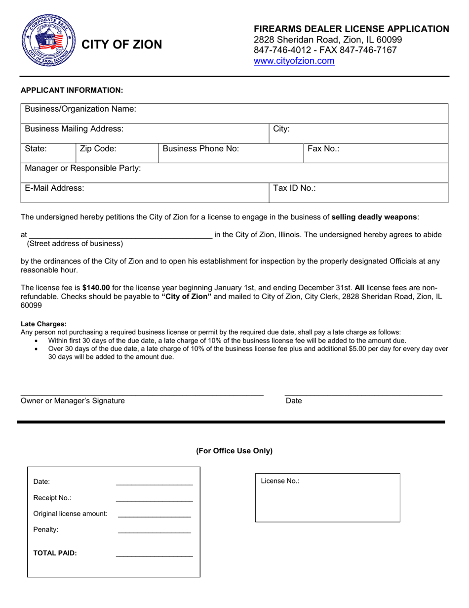 Firearms Dealer License Application - City of Zion, Illinois, Page 1