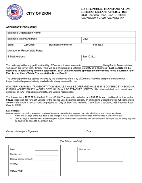 Livery/Public Transportation Business License Application - City of Zion, Illinois
