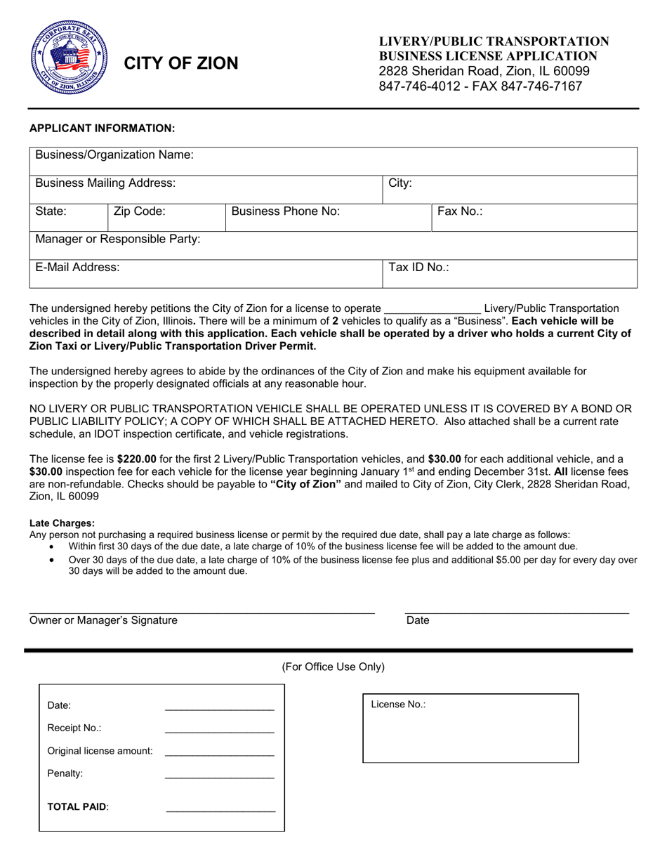 Livery / Public Transportation Business License Application - City of Zion, Illinois, Page 1