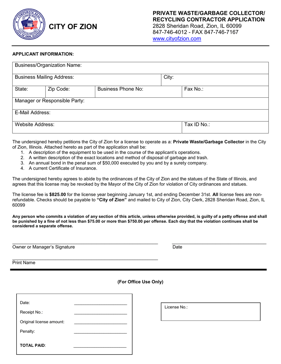 Private Waste / Garbage Collector / Recycling Contractor Application - City of Zion, Illinois, Page 1