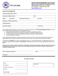 Document preview: Private Waste/Garbage Collector/Recycling Contractor Application - City of Zion, Illinois