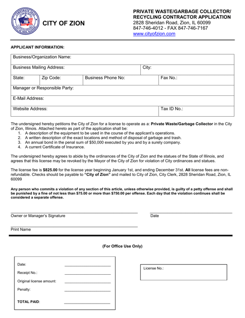 Private Waste / Garbage Collector / Recycling Contractor Application - City of Zion, Illinois Download Pdf