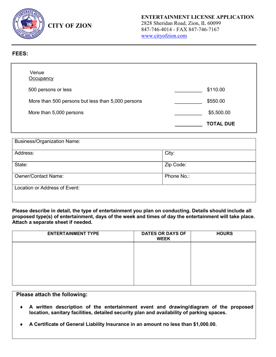City of Zion, Illinois Entertainment License Application Fill Out, Sign Online and Download