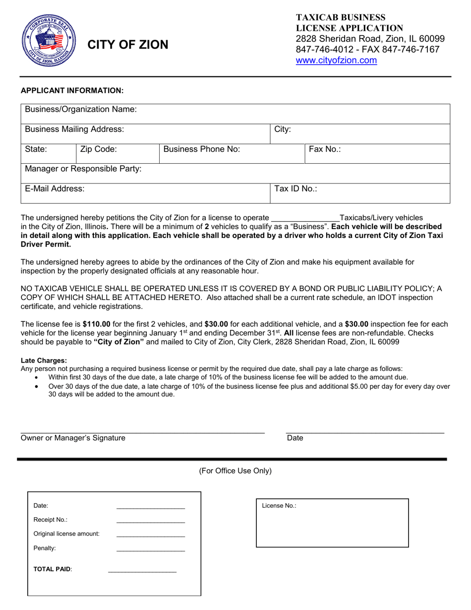 Taxicab Business License Application - City of Zion, Illinois, Page 1