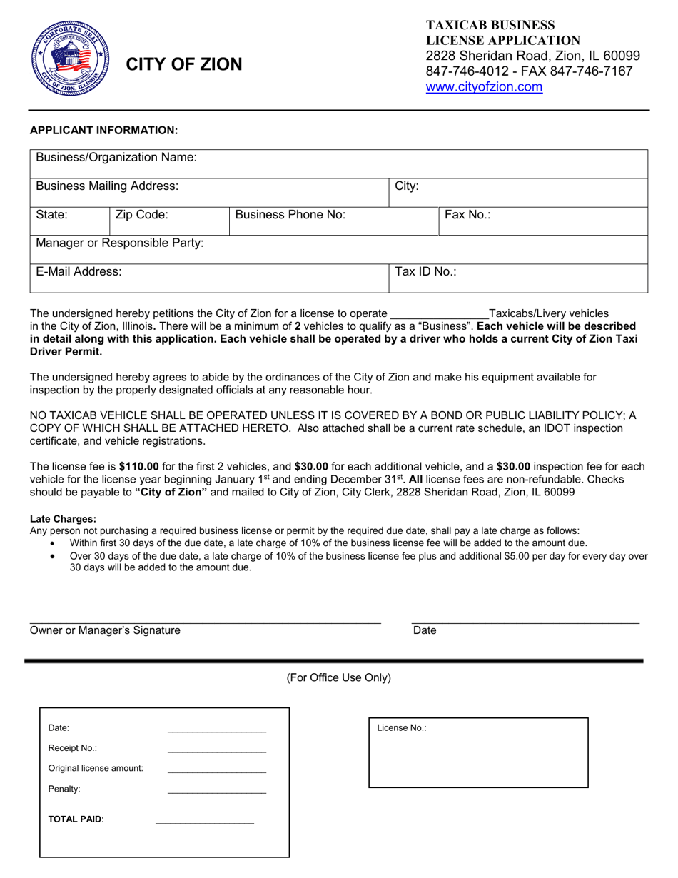 City of Zion, Illinois Taxicab Business License Application Fill Out, Sign Online and Download