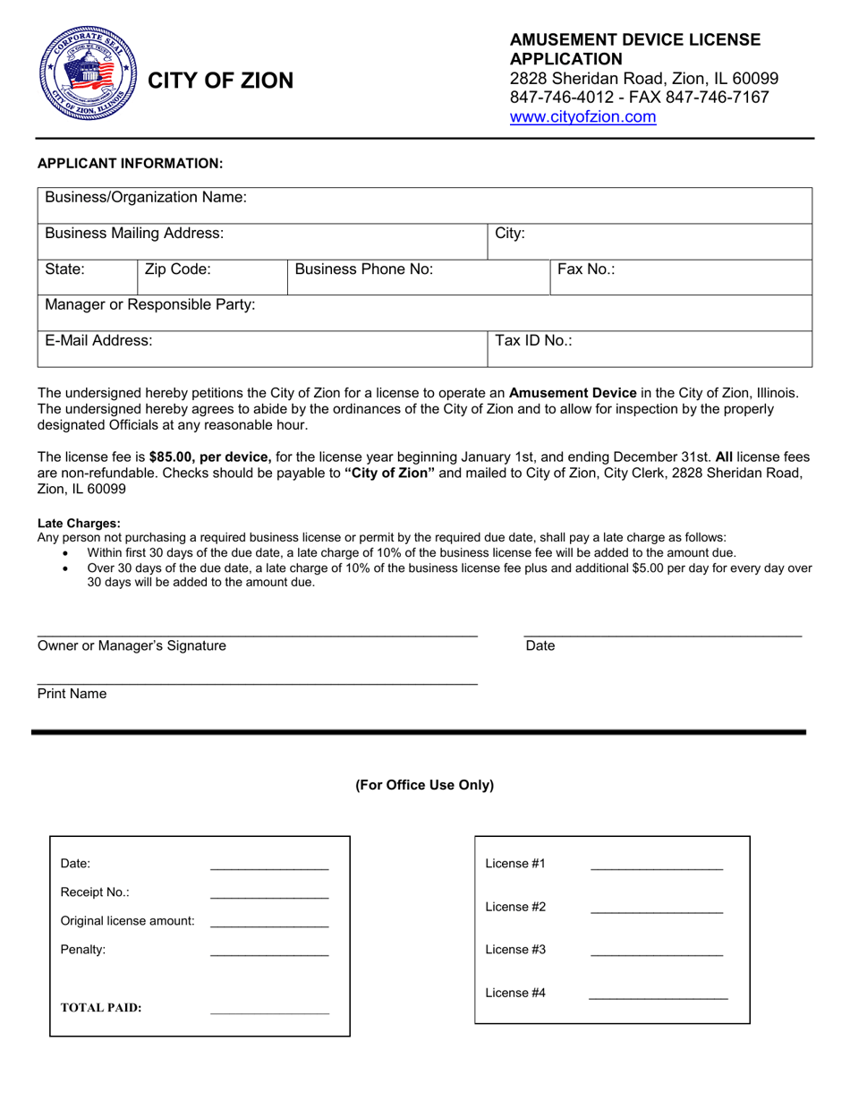 Amusement Device License Application - City of Zion, Illinois, Page 1
