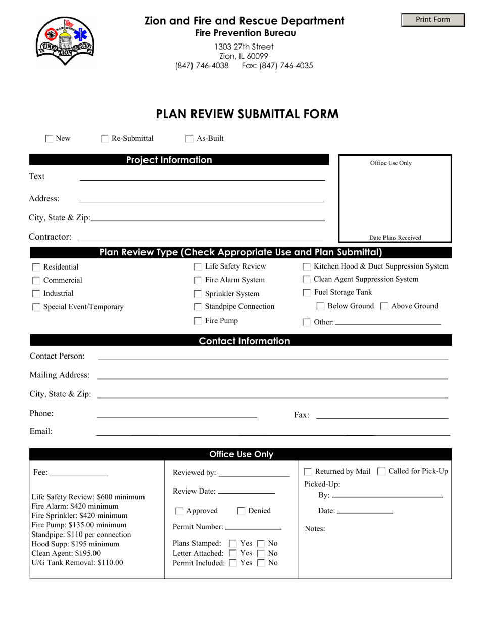 Plan Review Submittal Form - City of Zion, Illinois, Page 1