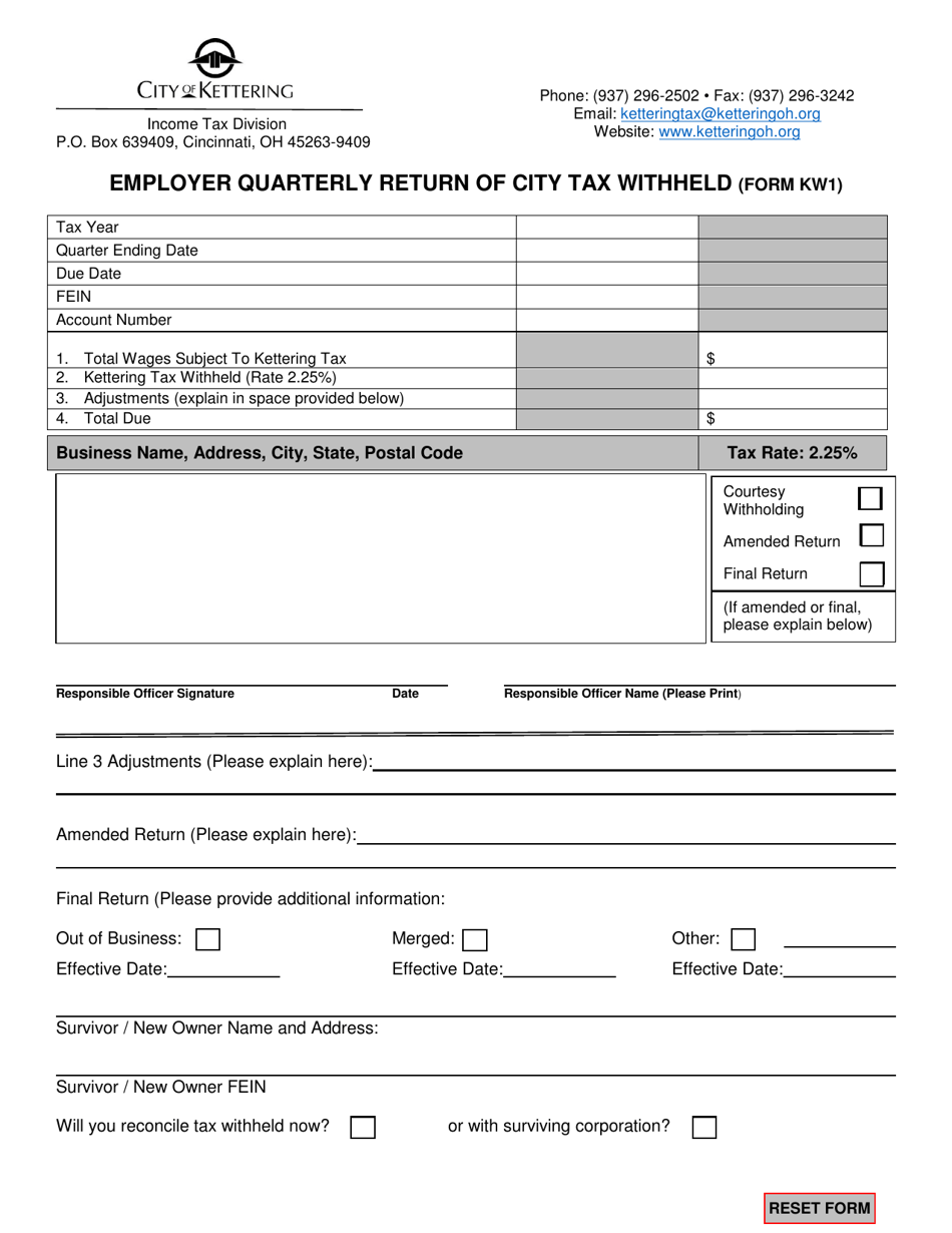 Form KW1 Employer Quarterly Return of City Tax Withheld - City of Kettering, Ohio, Page 1