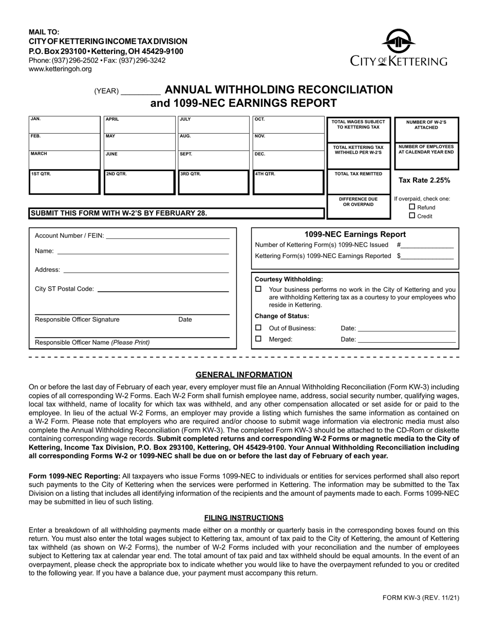 Form KW-3 Annual Withholding Reconciliation and 1099-nec Earnings Report - City of Kettering, Ohio, Page 1