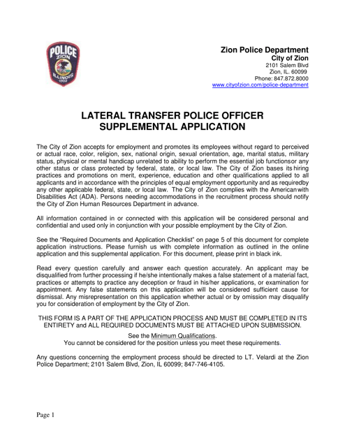 Lateral Transfer Police Officer Supplemental Application - City of Zion, Illinois Download Pdf