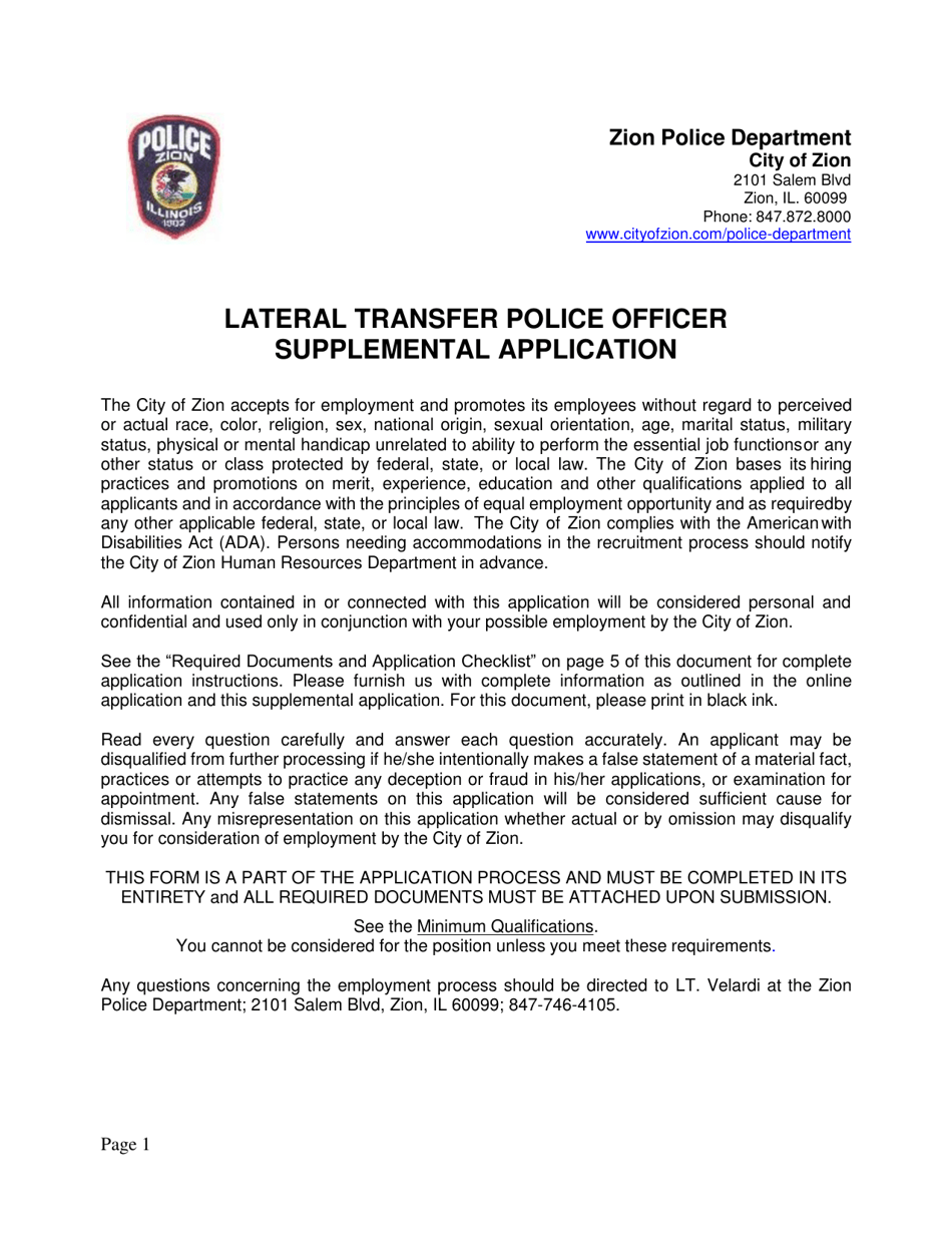 Lateral Transfer Police Officer Supplemental Application - City of Zion, Illinois, Page 1