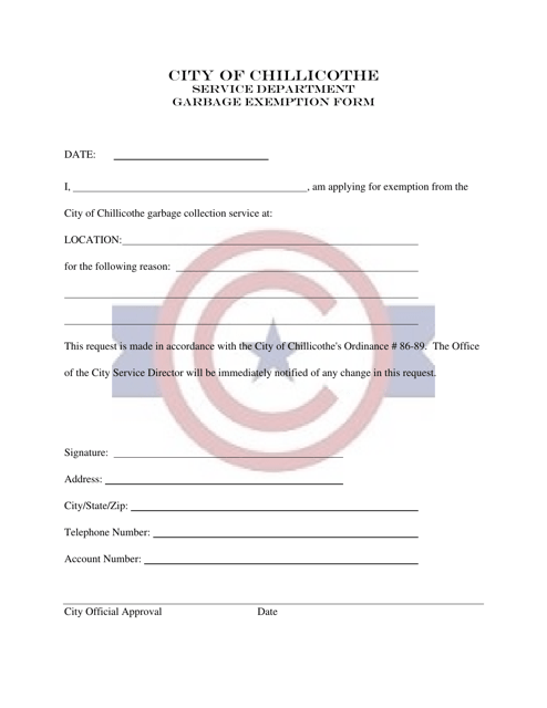 Garbage Exemption Form - City of Chillicothe, Ohio Download Pdf